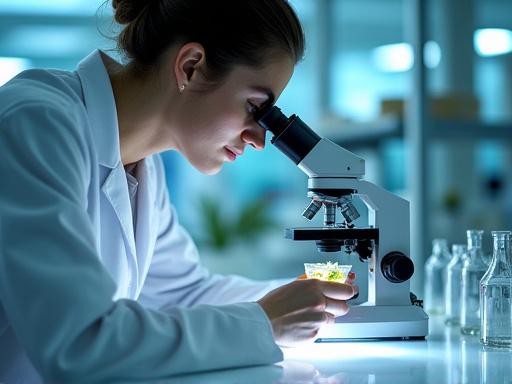 Investigador observando una muestra de planta en un microscopio de alta tecnología